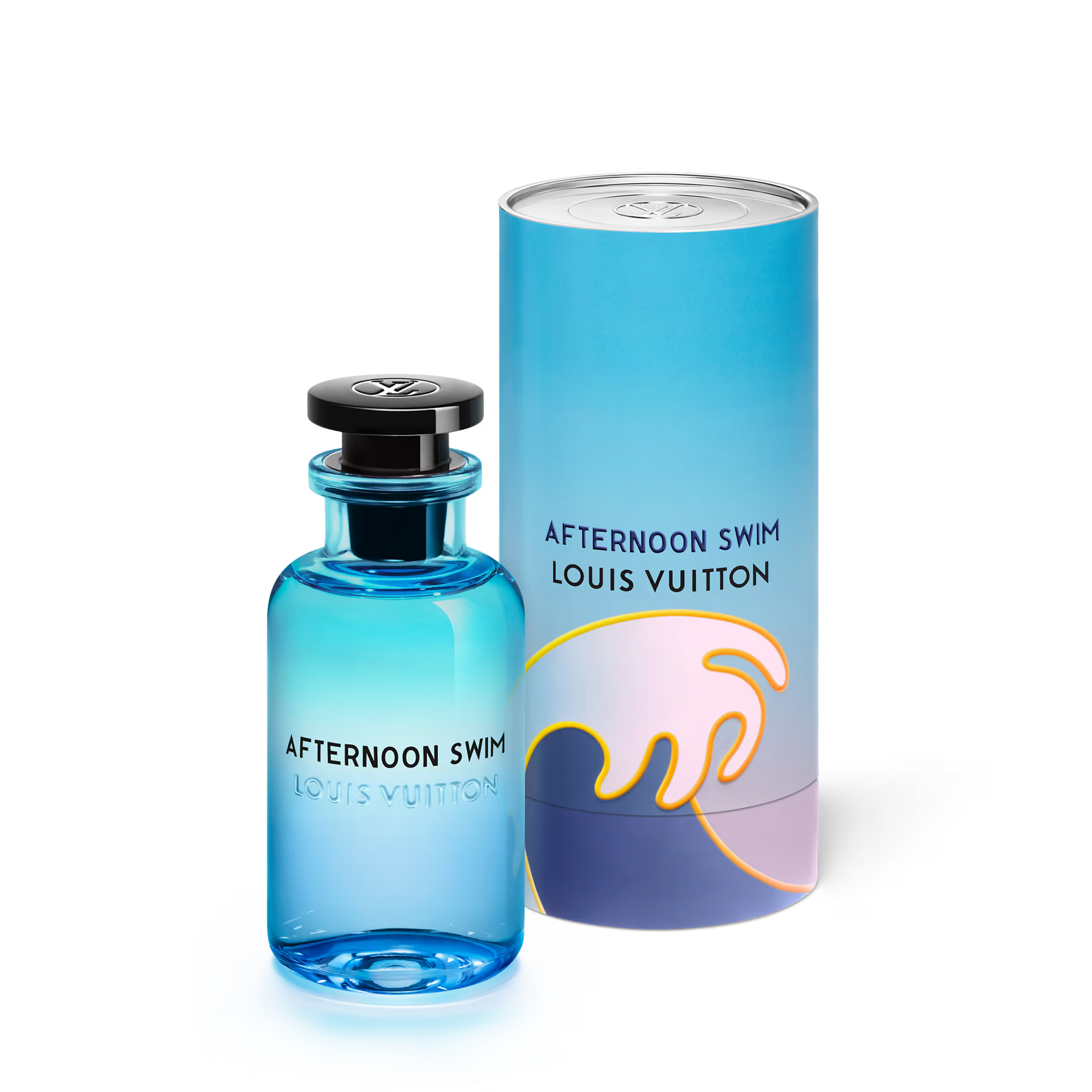 Louis Vuitton 'Afternoon Swim' perfume bottle and packaging on a white background