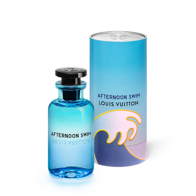 Louis Vuitton 'Afternoon Swim' perfume bottle and packaging on a white background
